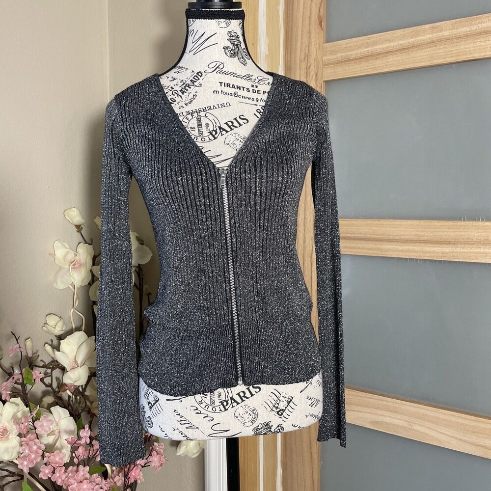 2000s Y2K Bling Glitter Shiny H&M Divided Gray Shiny Crop Zip Up Jacket Small